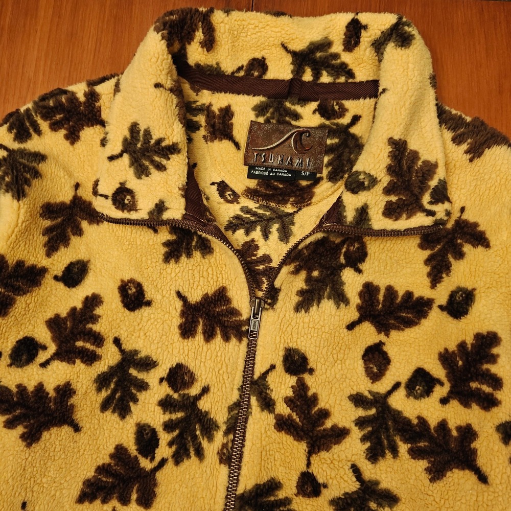 Tsunami Sherpa‎ Full-Zip Jacket Yellow Tan Reindeer Leaf Women's S Oversized VTG - Picture 2 of 6